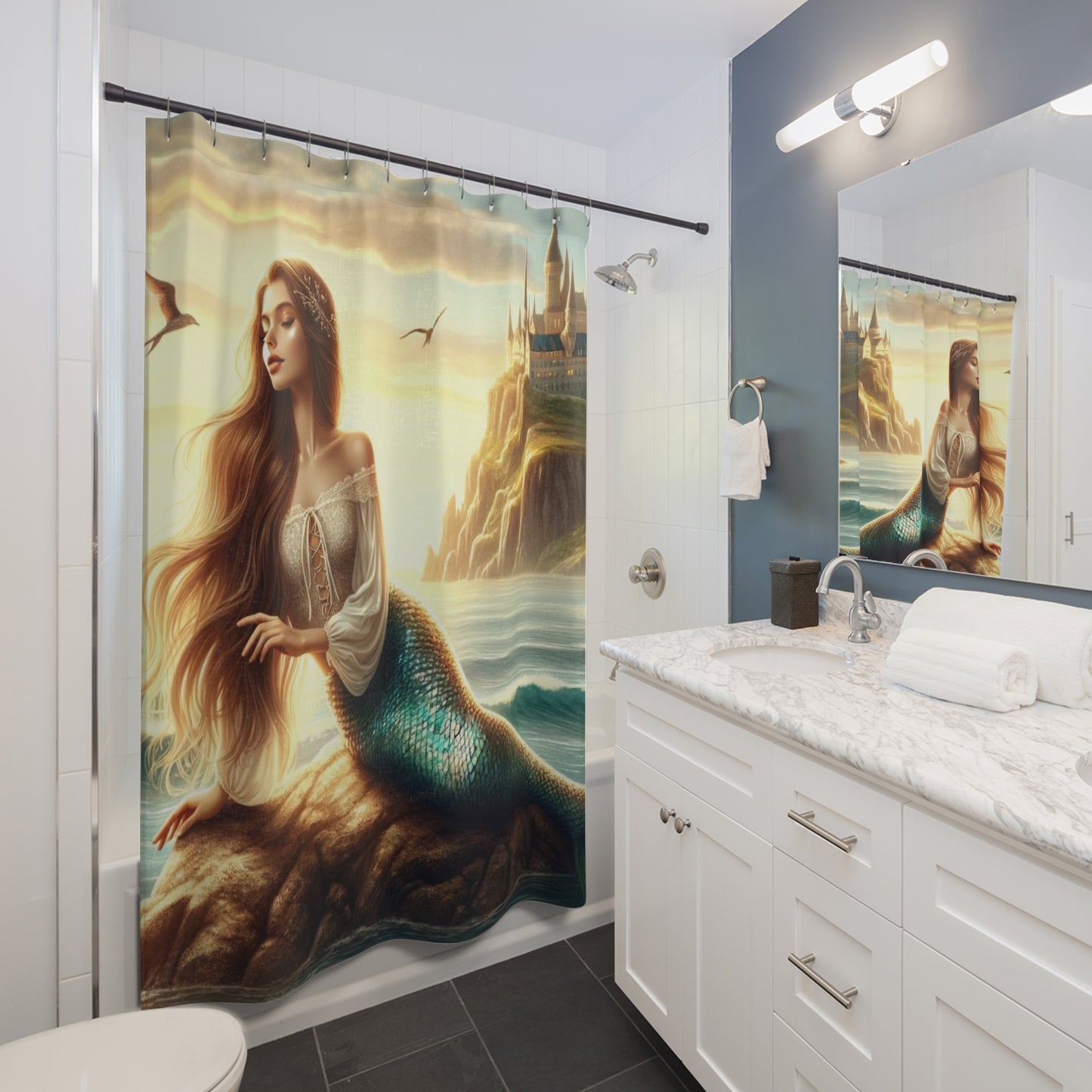 Beautiful Mermaid Lazing by the Sea Shower Curtains 71 x 74"