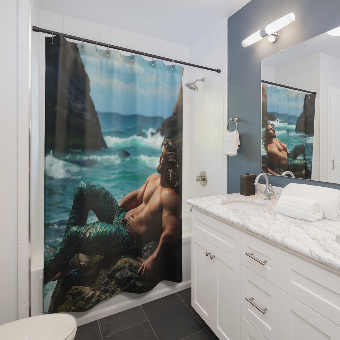 Sexy Merman Lazing by the Sea Shower Curtains 71 x 74"