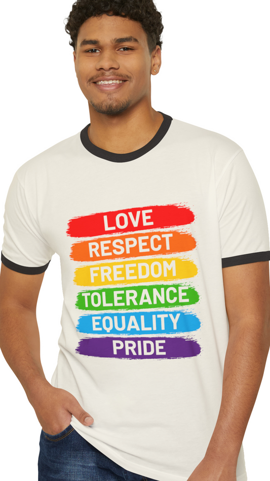 Love Respect Freedom Tolerance Equality Pride LGBT Unisex Cotton Ringer T-Shirt
